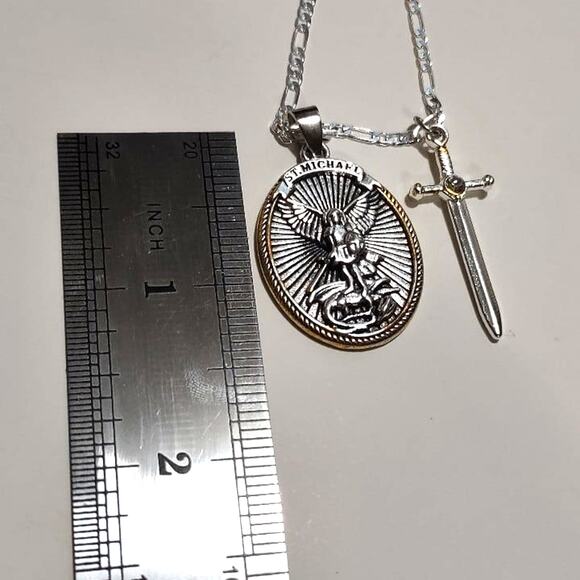 925 Sterling Silver Saint Michael Sword and Shield  925 Silver St. Michael Necklace Gemstone Sword Figaro Bible Verse Angel Gift NEW